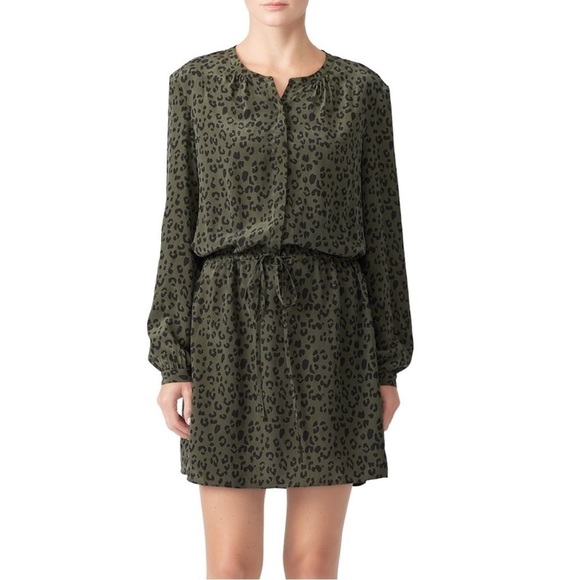 Rails Dresses & Skirts - RAILS Haha Olive Cheetah Shirt Dress Drawstring Waist Blouson Silk Sz XS